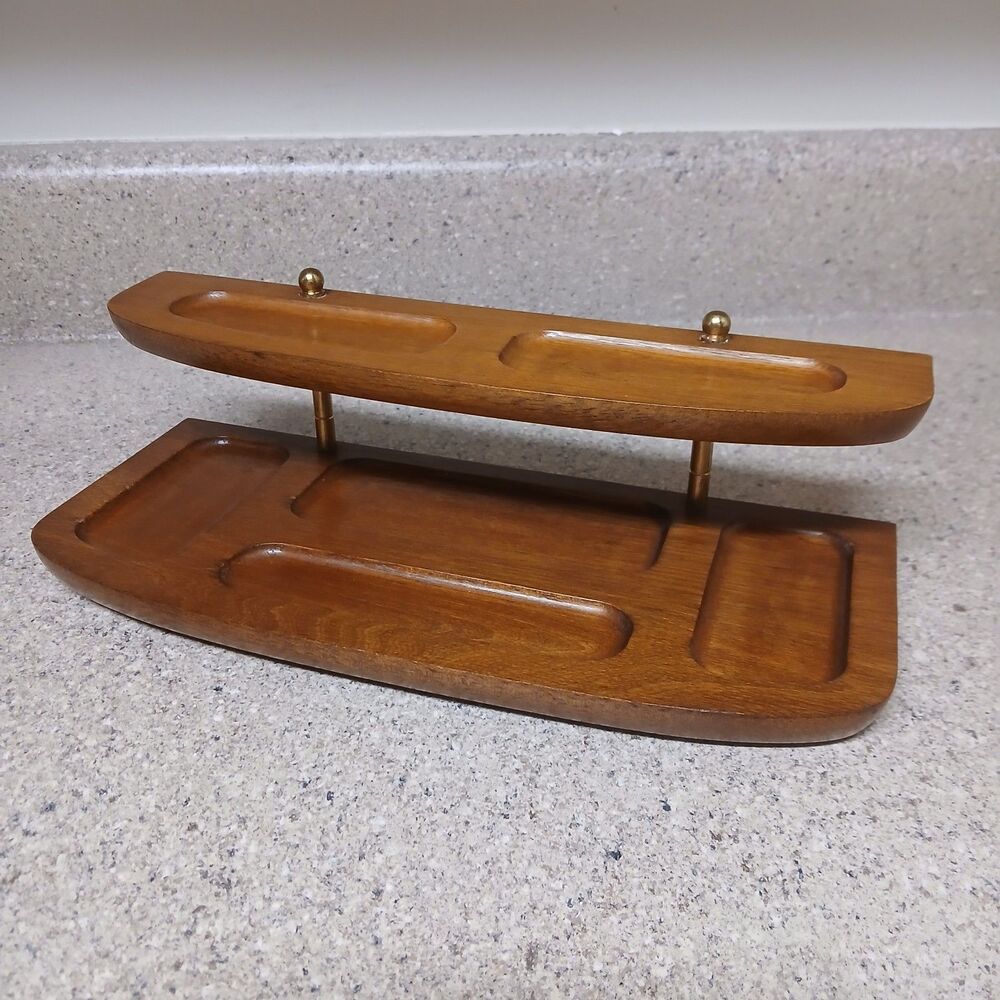 Vtg Wooden 2-Tier Valet Dresser Caddy Organizer Catch-all Tray 3.5"×12" Taiwan